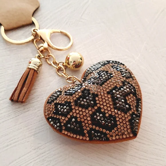 Animal print puffy heart tassel ball brown tan keychain mob wives