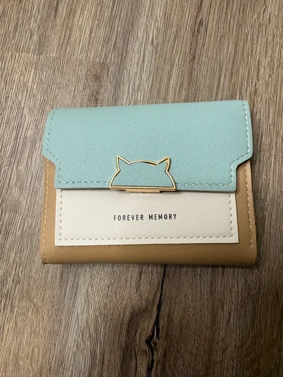 Forever Memory Color Block Trifold Wallet Cat Clasp NWT Korean Style Blue/Tan