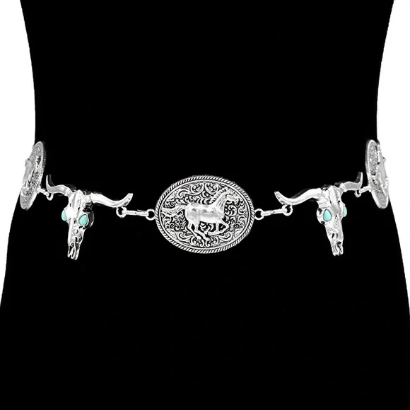 Silver Antique Metal Western Horse Embossed Conch Statement Belt