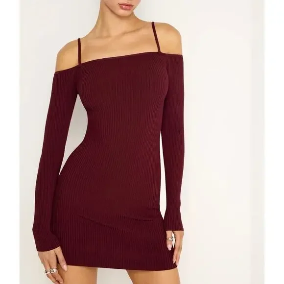 NWT Good American 3XL Oxblood Red Rib Knit Cold Shoulder Long Sleeve Mini Dress