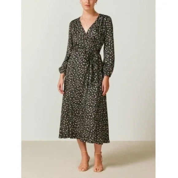 Merlette Ilya Floral Wrap Midi Dress Long Sleeve Pima Cotton Black Deco Print XS