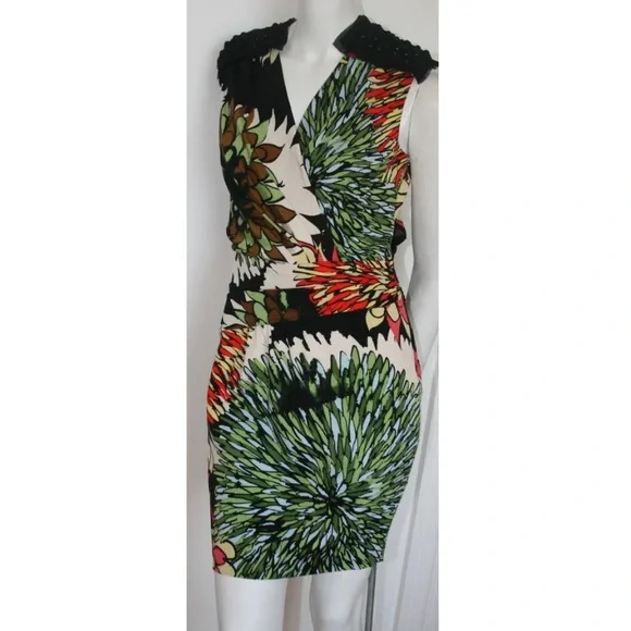 ALI RO Black Orange Green White Embellished Shoulder Dress 4