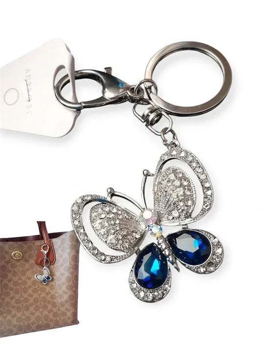 Bling Blue Crystal Rhinestone Butterfly Keychain Bag Charm 1pc NWT