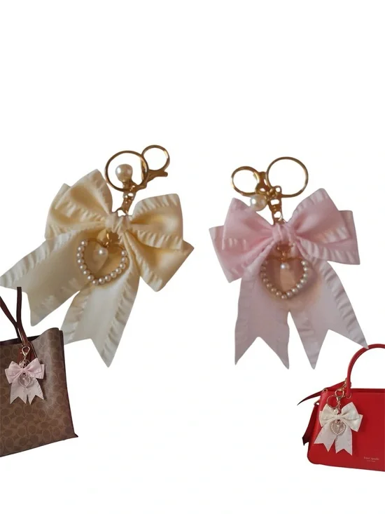 Coquette Pearl Heart Ribbon Bow Keychain Bag Charm 1pc