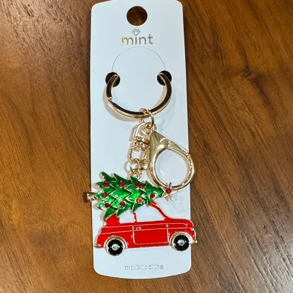 Mint Red Car Keychain with Green Christmas Tree Charm