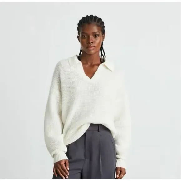 Everlane Alpaca Waffle-Stitch Polo Sweater Ivory Size XXS
