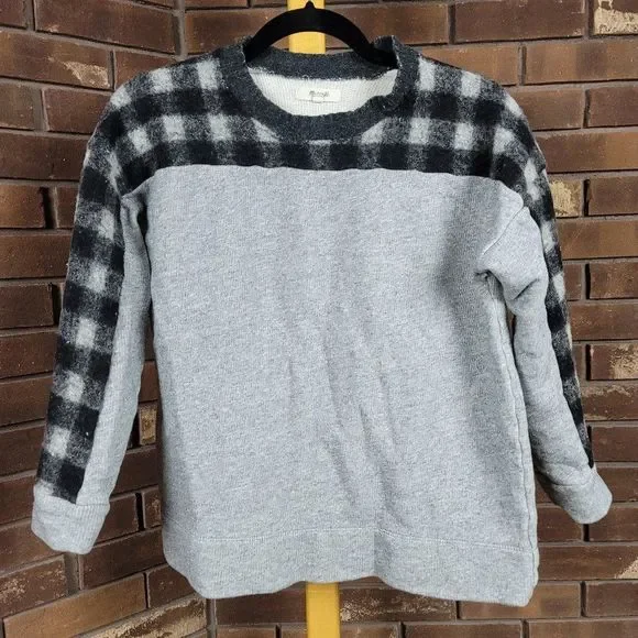 Madewell mixed media buffalo check healther gray wool top sweater size S