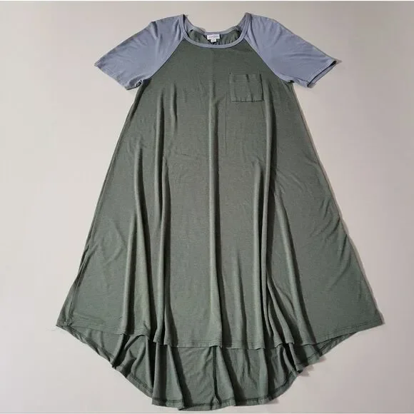 LuLaRoe Carly Green Swing Dress Scoop-neck Short Sleeve Hi-Low Hemline