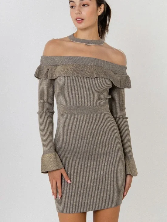 Endless Rose Off-Shoulder Metallic Taupe Ribbed Mini Dress
