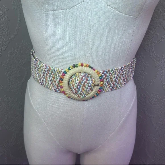 Cream Decorative Belt with Intricate Design and Circular Emblem