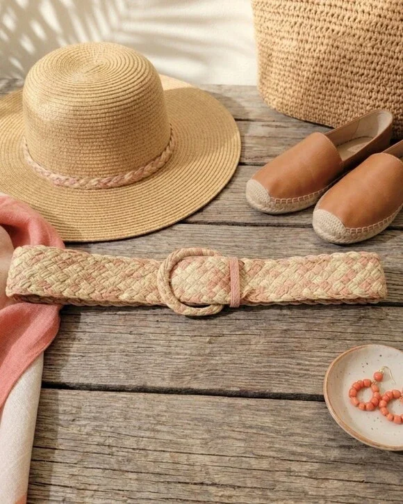 Woven Pink Mixed Media Belt with Round Buckle