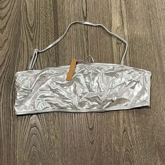 NWT Skims Metallic Swim Bandeau Bikini Top Strapless Pullover Swimwear Nickle 2X