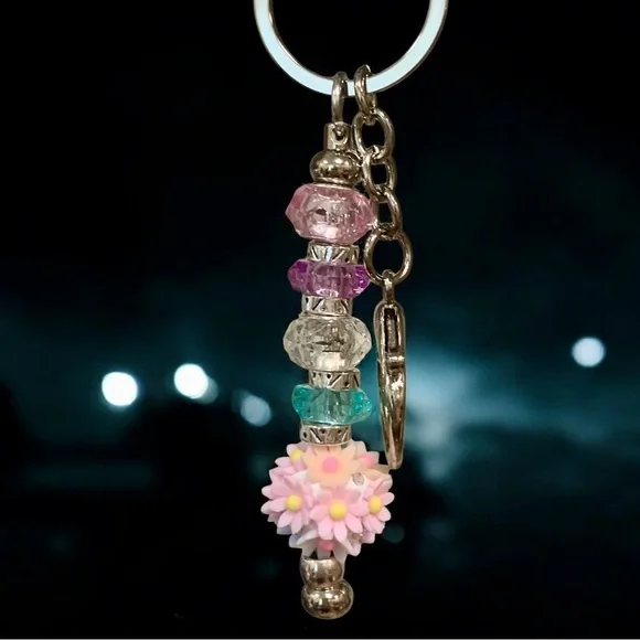 Colorful Pink Floral Beaded Keychain, Bag, or Keychain
