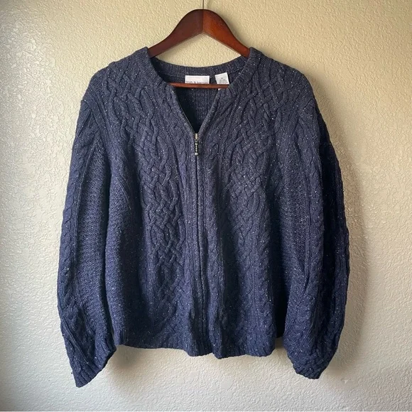 Croft & Barrow Womens XL Blue Silk Blend Full Zip Cable Knit Cardigan Sweater