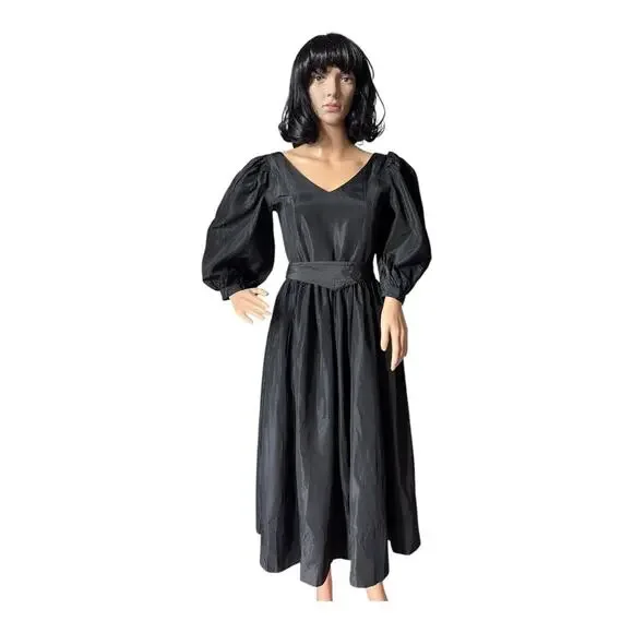 1980s Laura Ashley Black Puff Sleeve Midi Dress Ireland Small
