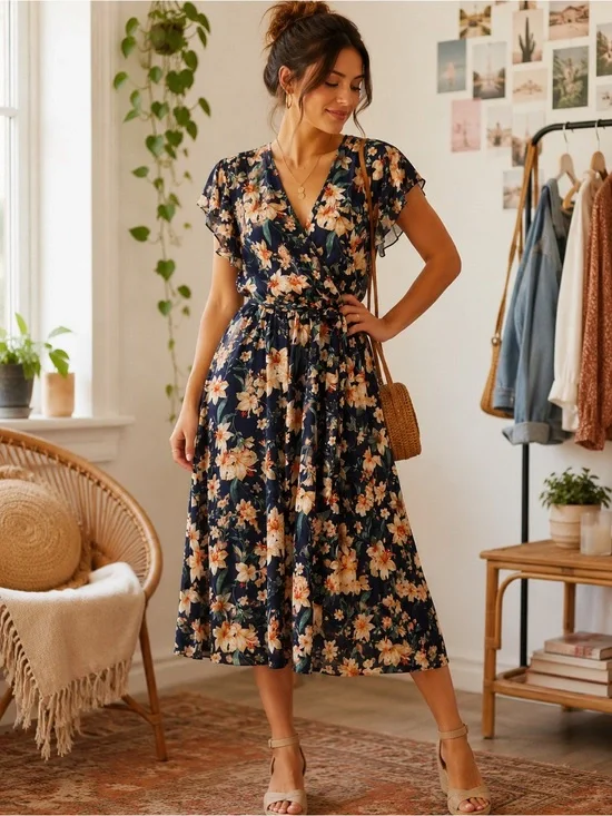 Kate & Lily Floral Chiffon Midi Dress Sz 8 M Navy Orange Surplice Flutter Sleeve
