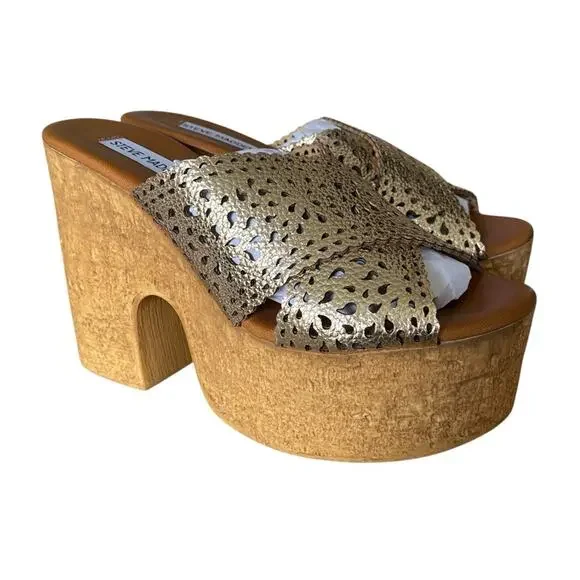 Steve Madden Leather Lining Gold Platform Wedge Sandals NWTs NIB size 8