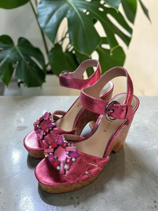 Donald Pliner Galatea Hot Pink Metallic Jeweled Glam Chic Cork Wedge Sandals 6.5
