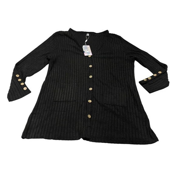 Askyes Ribbed Button Front Womens Cardigan XL Black Pockets