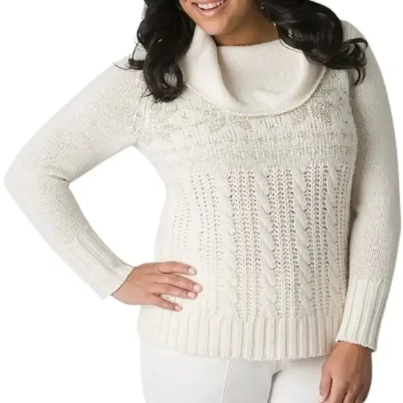 Lane Bryant Wool Blend Cowl Neck Cable Knit Sweater Metallic Snowflakes 18/20