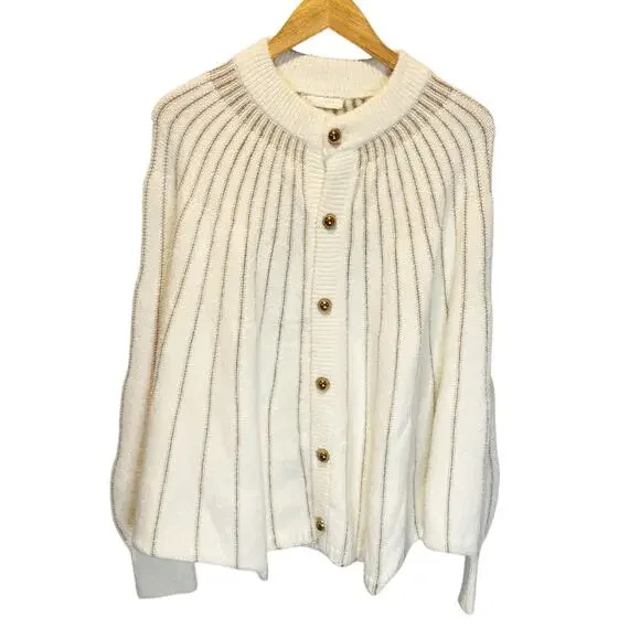 Vita Grace Cream & Gold Metallic Stripe Poncho Sweater - One Size