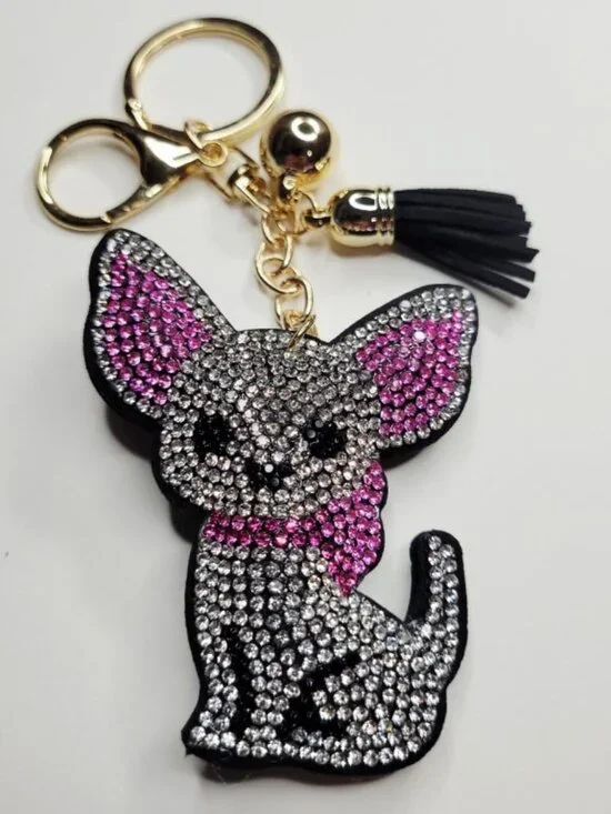 NWT Sparkling Gold Pink Black And White Chihuahua Keychain Bag Charm With Tassel