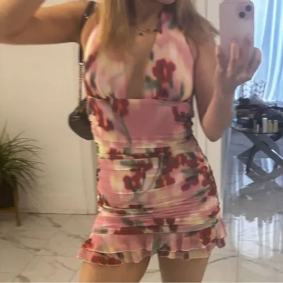Vibrant Pink Floral Mini Dress