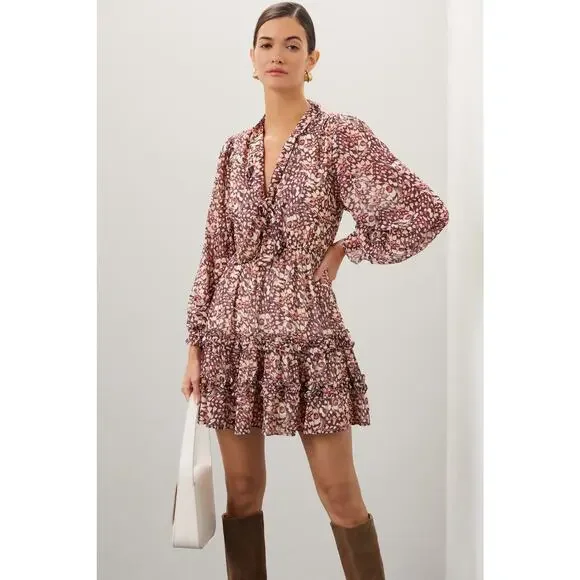 RACHEL PARCELL Animal Print Tie Neck Puff Sleeve Butterfly Mini Dress Size XS