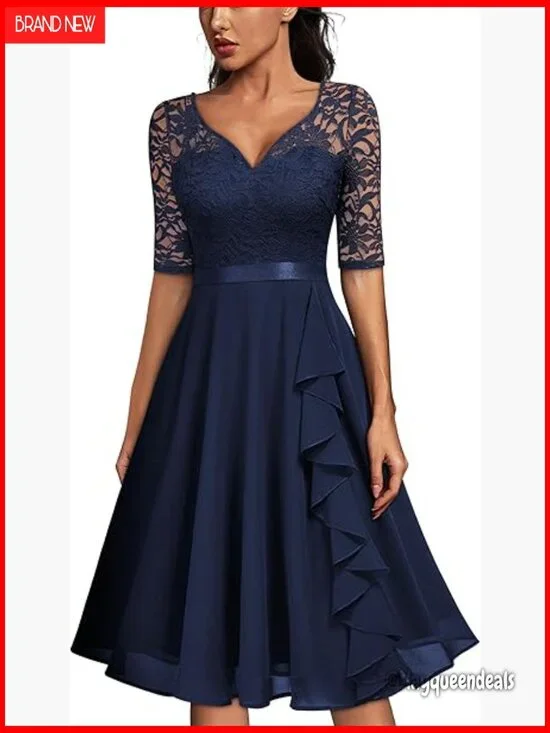V-Neck Floral Lace Half Sleeve Bridesmaid Party Dress