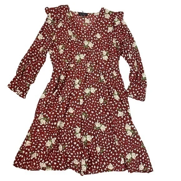 Eloquii red & white rose Ruffle V-neck floral polka dot retro midi dress 18 plus