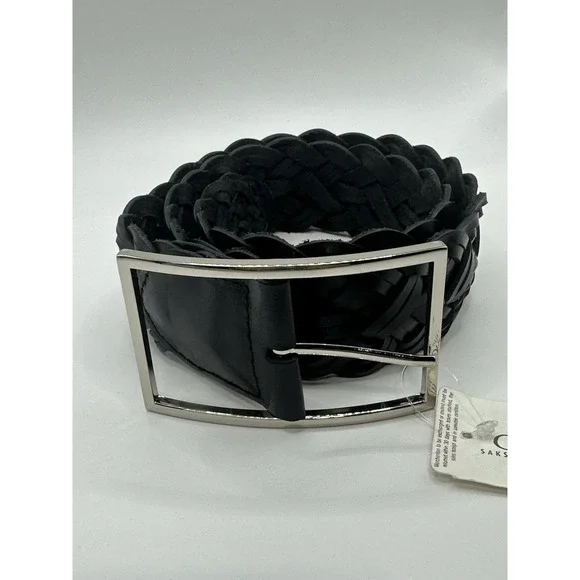 Perry Ellis Black Leather Braided Women's Belt New Size Medium Silver‎ Buckle