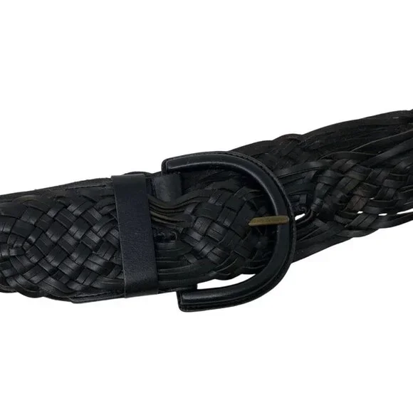 Hobo International Black Woven Leather Belt Brass Buckle Size Small Statement