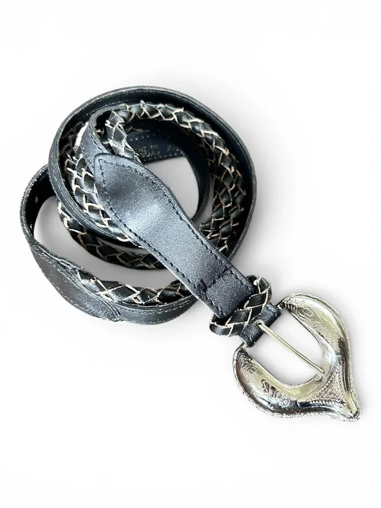 Vintage 90s Western Black Braided Leather Belt Ornate Silvertone Buckle Medium