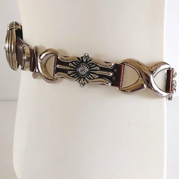 Captiva Tan Embossed Leather Decorative Heavy Silver Metal Accent Belt