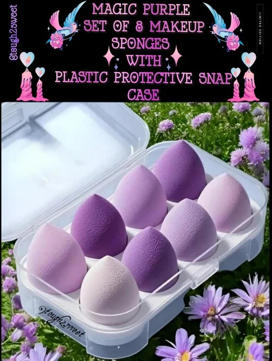 🆕️MAGIC PURPLE SET OF 8 MAKEUP SPONGES IN PLASTIC PROTECTIVE SNAP CASE