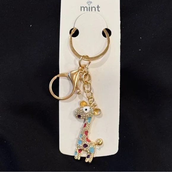 BAG CHARM Mint Giraffe Rhinestone Keychain Gold Tone NWT Blue
