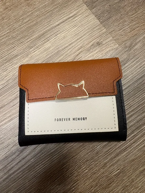 Forever Memory Color Block Trifold Wallet Cat Clasp NWT Korean Style Black/Brown