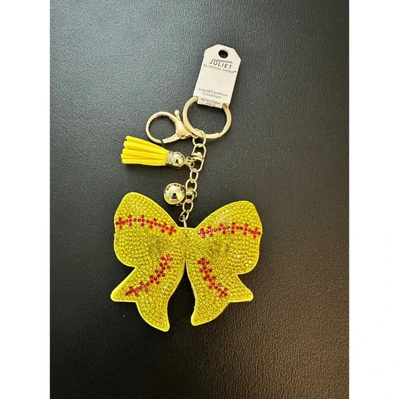 Juliet by Crystal‎ Avenue Rhinestone Softball Bow Keychain Yellow Tassel Charm