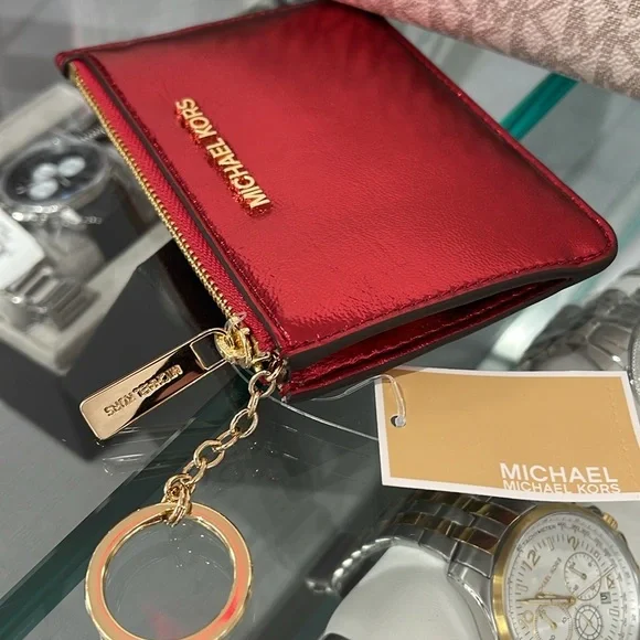 MICHAEL KORS Jet Set Travel Small Top Zip Coin Pouch With ID Keychain Crimso NWT