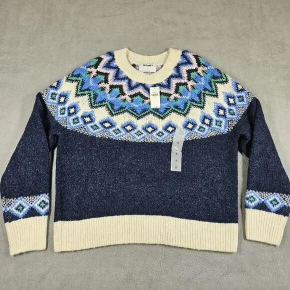 Old Navy Sweater Womens Size Small Blue Fair Isle Winter Preppy Wool Blend