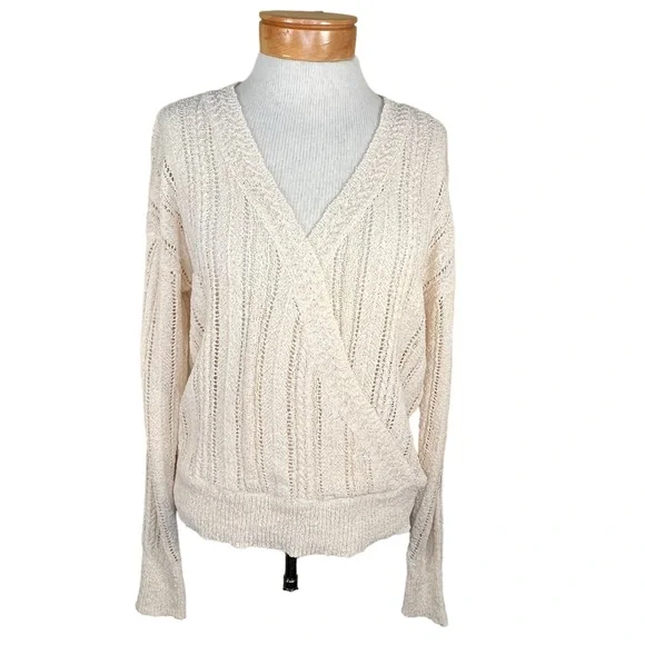 ASTR The Label Cream Colored Faux Wrap Stretchy Knit Semi-Sheer Sweater Med EUC