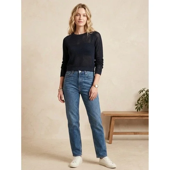 Uniqlo 3D Knit Mesh Crew Neck Sweater Navy Blue XS 476540 Long Sleeve Pullover