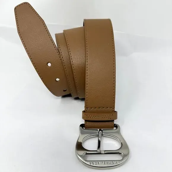 Michael Kors Women’s Tan Synthetic Leather Belt XL Silver Logo Buckle