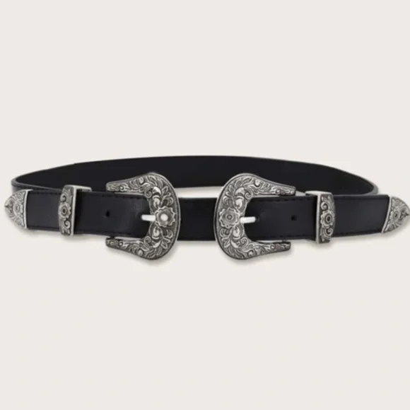 Boho western style double buckle vegan leather belt