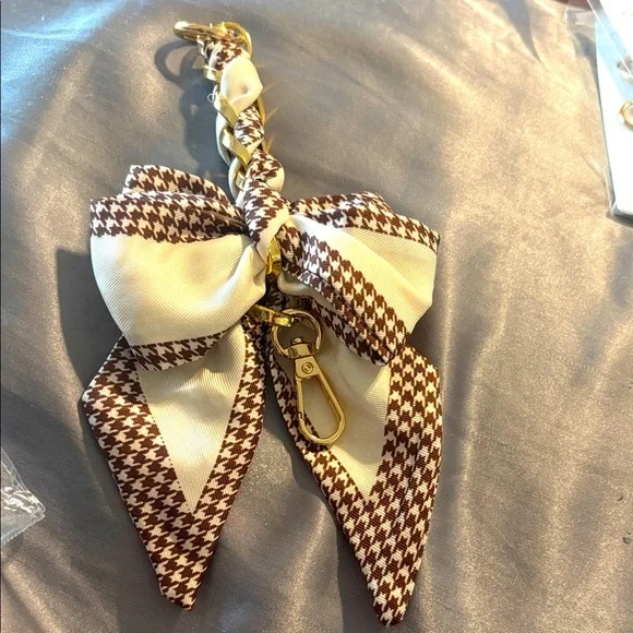 Elegant Brown and Cream Bow Keychain gold Hardware New