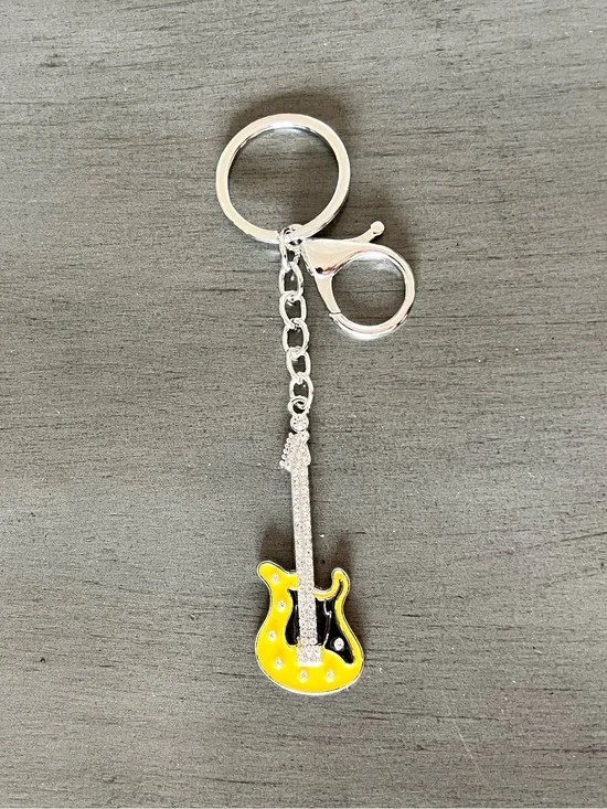 Yellow & Black Enamel Electric Guitar Rhinestone Silver Keychain 3.5