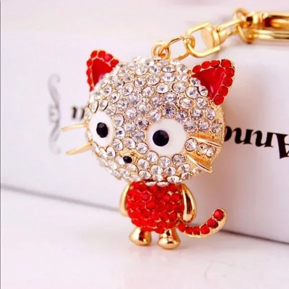 Kitty Keychain Charm- Sparkly Red & White