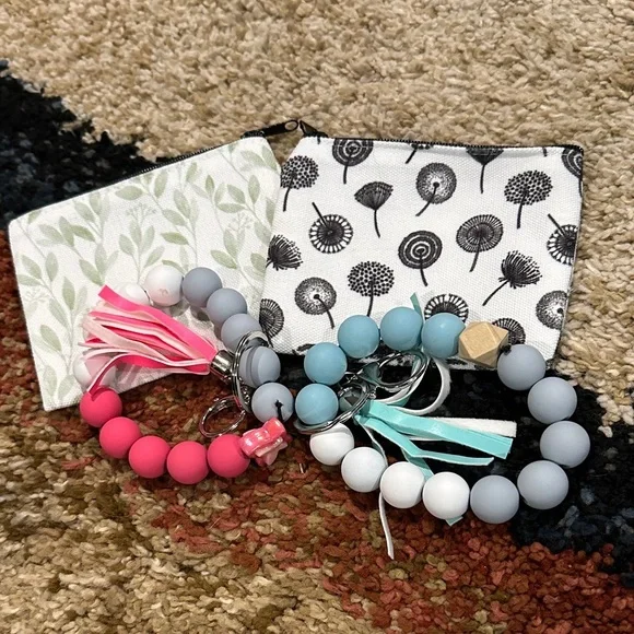 Accessory Set of 4 Includes 2 Small Zip Pouches & 2 Silicone Keychain Bracelets
