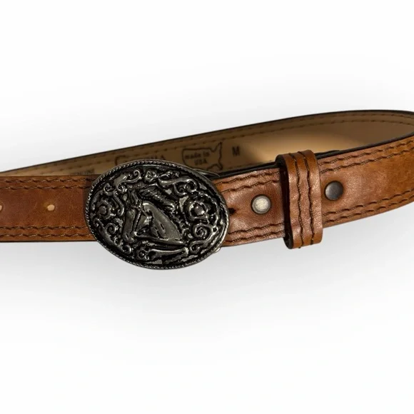 Brown Leather Belt with Horse Silver‎ Buckle Made in USA Med 33” Cowhide