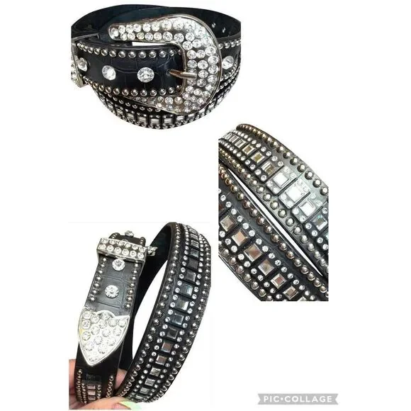 Western Rhinestone Crystal Belt Black Genuine Leather Croc Embossed Studded SM